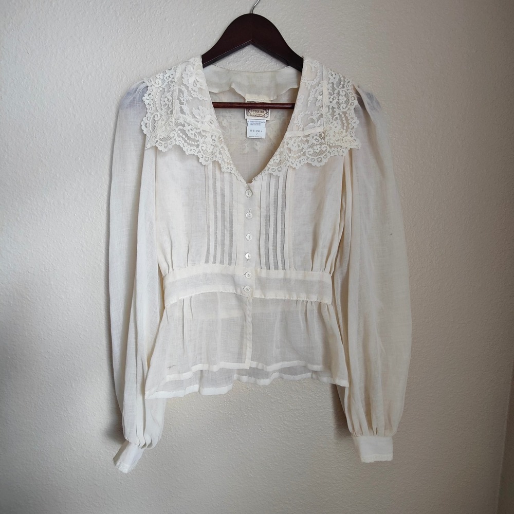 Vintage 70s Gunne Sax Victorian Blouse Cream Lace Cotton Voile Boho Hippie Small